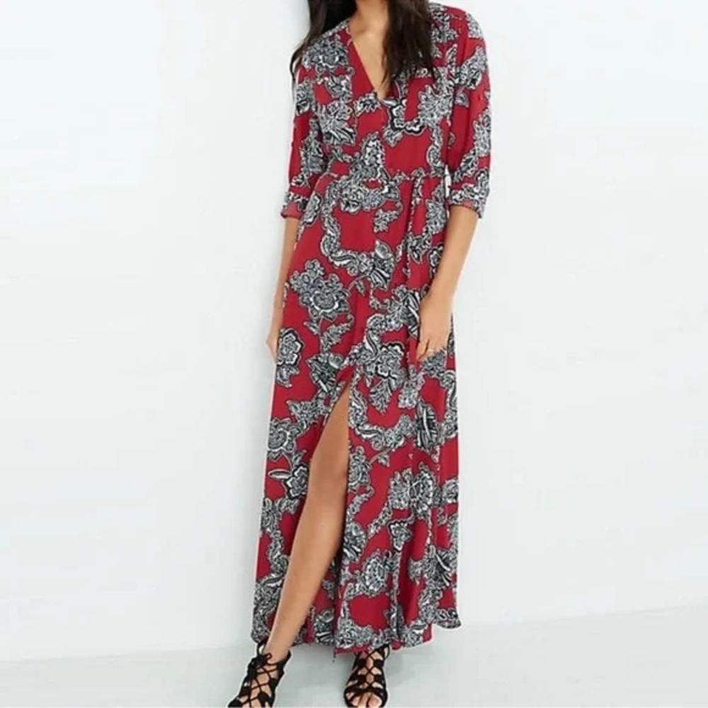 Express Red Black and White Floral Belted Maxi Dress